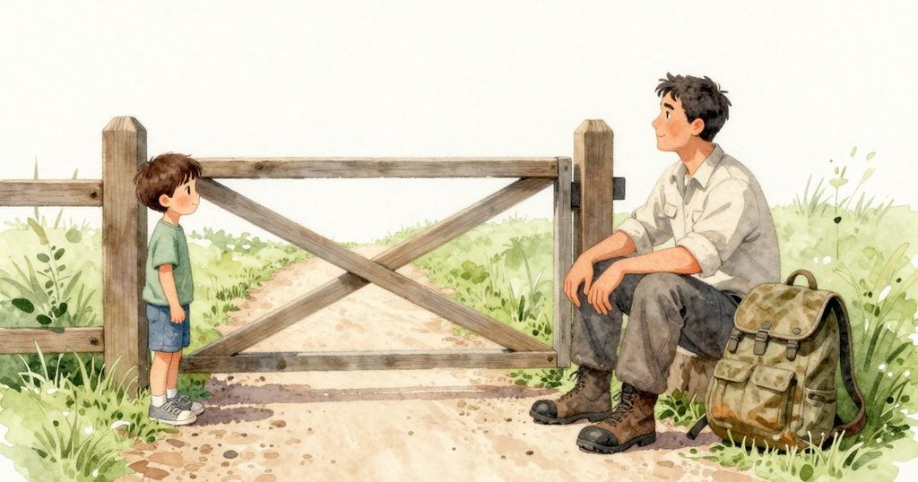the father 坐在小徑邊上，半開的背包靠著他的靴子，一條背帶扭在地上。他抬下巴指向前方敞著的門，我順著視線看去。小徑溫暖而淺色，兩邊有新綠的草。