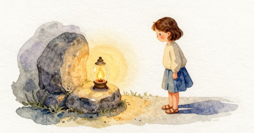 兩道柔軟的影子在石面上交會，光池重疊成一塊溫暖的橢圓。Giselle 安靜地欣賞著小火焰，暖光與石頭的冷灰彼此相貼。