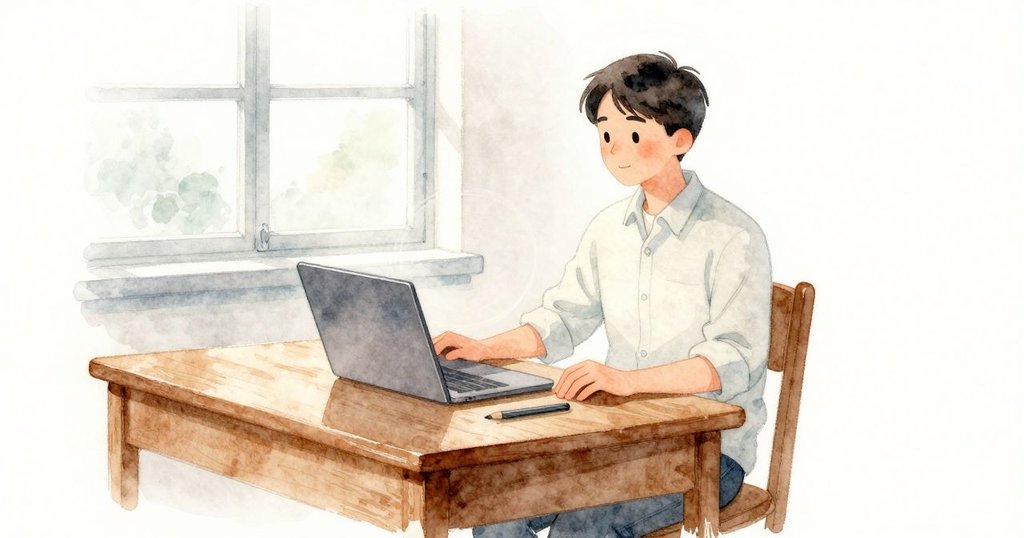 父親坐在書桌前，桌面上放著一台闔起的筆電與一枝鉛筆。他朝木框與灰圈那邊看去，室內被陰柔的日光洗過，木桌表面帶著微亮的溫潤。