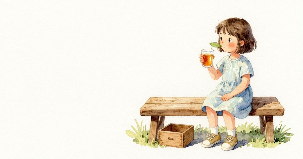 Poppy把杯子微微抬起,杯緣掛著一滴發亮的小滴;一片葉尖碰了碰她的鼻子,她安靜不動、雙手近近托著杯子,椅子下的木盒在陰影裡乖乖待著。