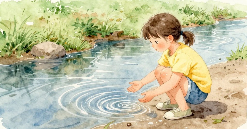 她走到溪邊，在溼潤的邊緣蹲下，明亮的漣漪交錯掠過水面，讓底下的斜度看不清。她的手邊與褲邊映著銀光，腳邊的沙較深較涼，岸邊的綠意安靜靠近，溪聲細柔。