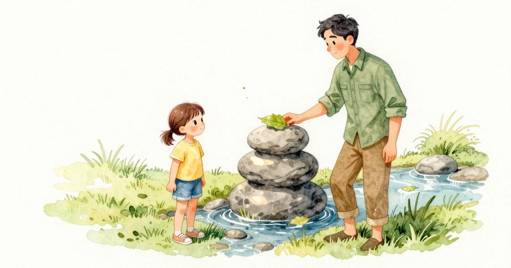 一片葉子在溫和的空氣裡旋下，輕落在溪邊一座完成的石堆頂端，細細一聲輕觸，石堆不動。旁邊的水面閃著銀藍，微光掠過葉緣，空氣溼潤清新。