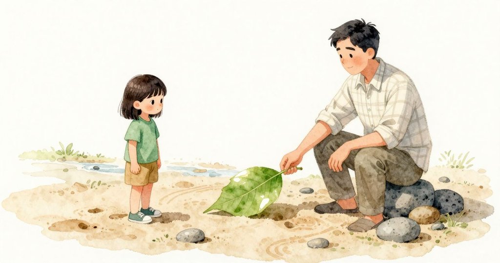 一片葉子旋轉著落到沙地上,輕輕一碰讓那處兩顆小石子微微搖晃。溪聲持續在背後流動,細沙留著小凹點與淡淡的紋路,葉片與灰色斑點石頭並排安靜地停著。