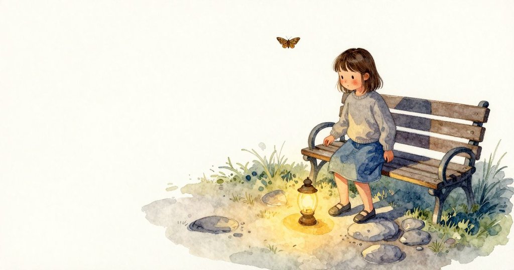 Lena 踏上下一塊石頭時，飛蛾再度掠過，影子落在長椅的紙面上，使畫中人影一瞬變暗；兩圈暖光在她鞋邊重疊。