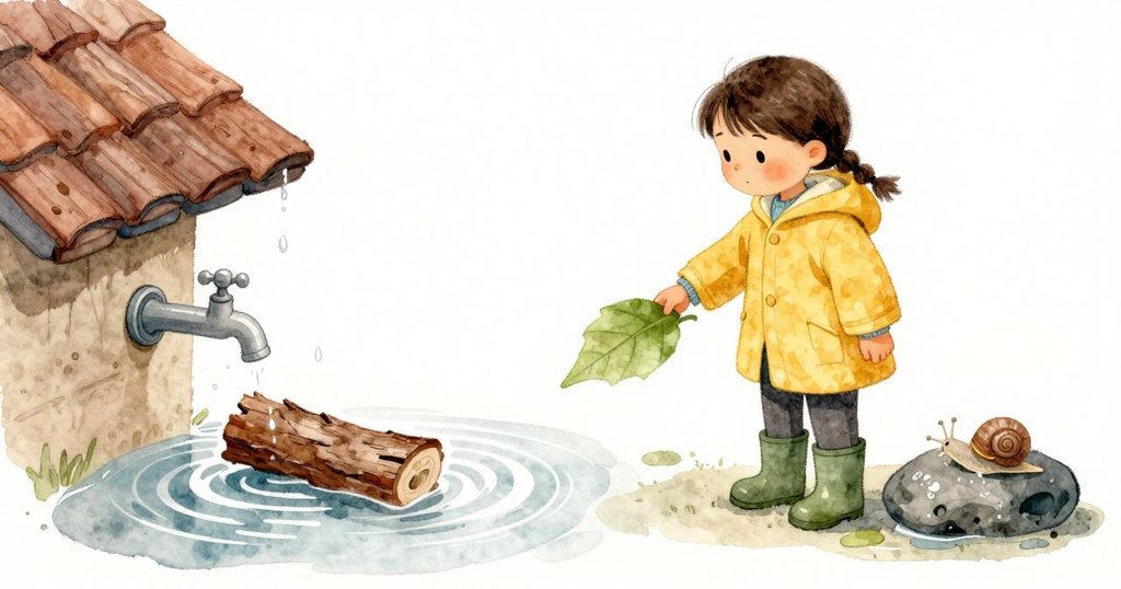 一條樹皮和一片綠葉輕浮在水窪上，屋簷的水滴聚大後落下，清脆一點，帶動它們迅速繞圈。蝸牛在邊緣停住，Faye站著凝視，水面圈紋發亮，石面深濕發暗。