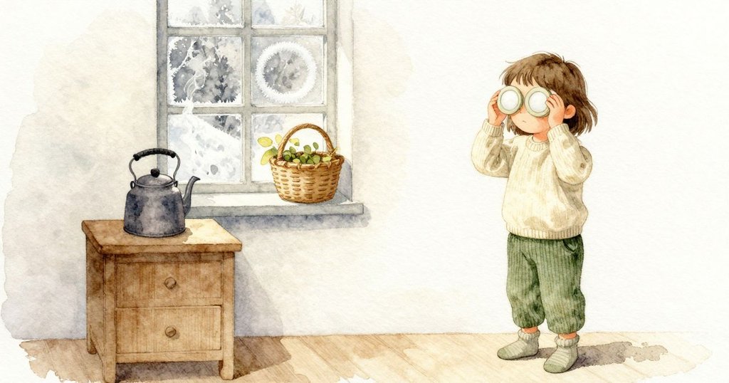 Ines 讓視線停在三個圓痕上:窗台花盆下的淡圈、玻璃角落的厚霜環、籃邊細粉勾出的圓印。它們都不動。牛奶上方的蒸汽停在纖細的弧線裡,走廊的水壺持續細細作響。暮色的金光落在葉片與木頭上,房間安穩地靜下來。