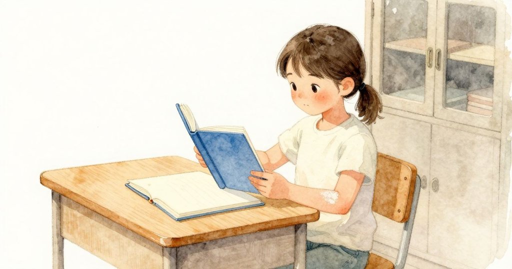 櫥櫃旁的小書桌上放著 Tamsin 的筆記本；她把藍色封面翻開，柔和的淺色紙面上可見一抹淡淡麵粉痕，桌面與櫥櫃在日光下安靜。