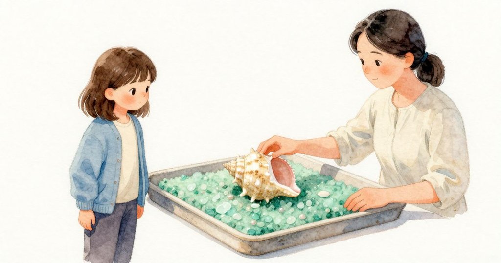 小小的圓形貝殼在毛氈方塊的邊緣停住，貼著淺淺托盤的低邊。毛氈帶著海玻璃般的綠，光線從側面進來，讓貝殼淡淡的沙色斑點與微亮的光澤清楚可見。空氣安靜，剛停下的動作還留著一點餘溫。