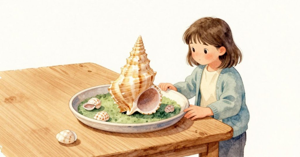 高高的螺旋貝像小柱子立在托盤中央，擋住視線。Ruby 俯身又微微挪動，手指搭在溫暖光滑的木桌邊，木紋順著她的觸感延展。柔和日光拂過貝殼脊紋與木面，托盤裡的貝殼安靜不動。