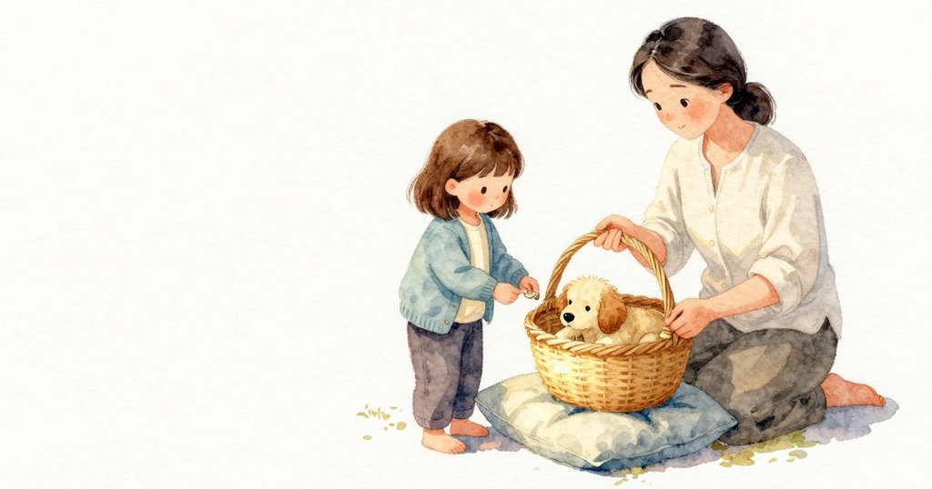 狗在靠墊上輕輕挪動籃子，裡面一枚小貝殼發出一下清脆的輕響便安穩不動。光線沿著靠墊的布料滑過，顯出細密織紋，籃子的草色微微發亮，整個角落安靜下來。