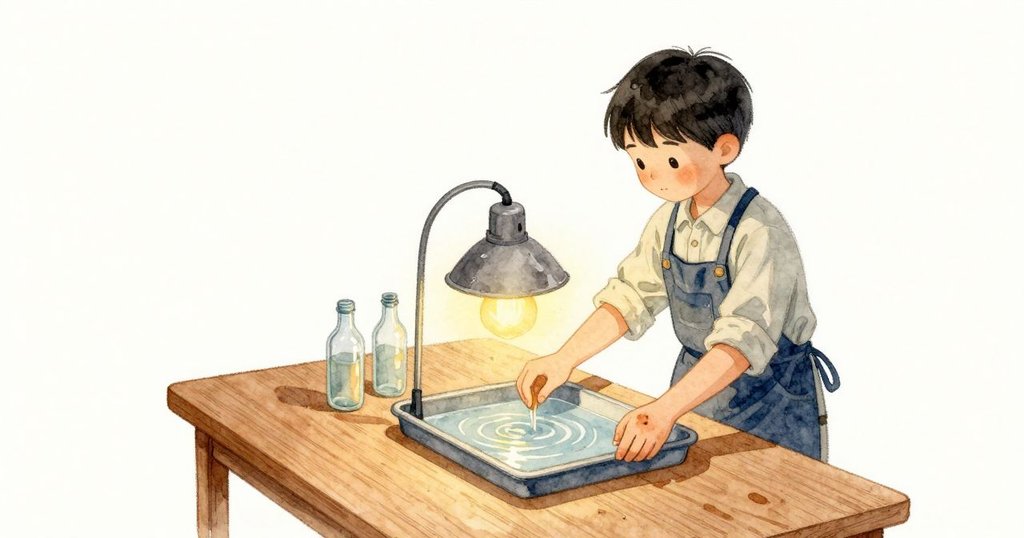 アルミの傘のランプがやさしく唸り、水盤の面に細い光の揺れが走る。水盤の縁では小さなガラス瓶が触れ合い、木の机に澄んだ音がひろがって静かになる。空気には薄い糊と湿った紙のにおいがあり、金属の縁はひんやりしている。温かなランプの色が部屋に落ち着いている。