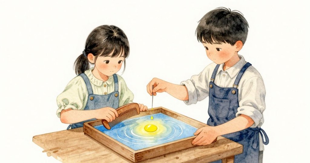 芷晴が木の櫛を脇に置いて見守り、峻熙が黄色のしずくを中央に落とす。黄はゆっくり円を広げ、峻熙は細い針で縁をそっとなでるように引く。水盤は安定し、円は崩れない。ランプの下で水面は銀色がかり、色の部分はほのかに温かい。
