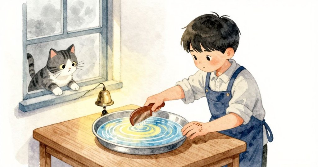 梳の歯が水に入る瞬間、窓辺の猫が首を振り、鈴の音が金属の縁に弾む。峻熙の指先がわずかに震え、梳は縁に触れて机が低く響く。細い波が輪になって広がり、淡い黄が中心に、青が外側に薄くまとわりつく同心円ができる。