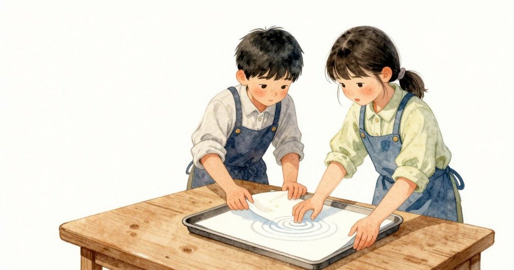 芷晴が水盤の角を押さえて揺れを落ち着かせ、峻熙が紙を短辺から持ち上げ、二人で角を合わせて水面にそっと置く。かすかな「しゅっ」という音がして、円と直線が重なり合う。ランプのあたたかな光が紙に集まる。