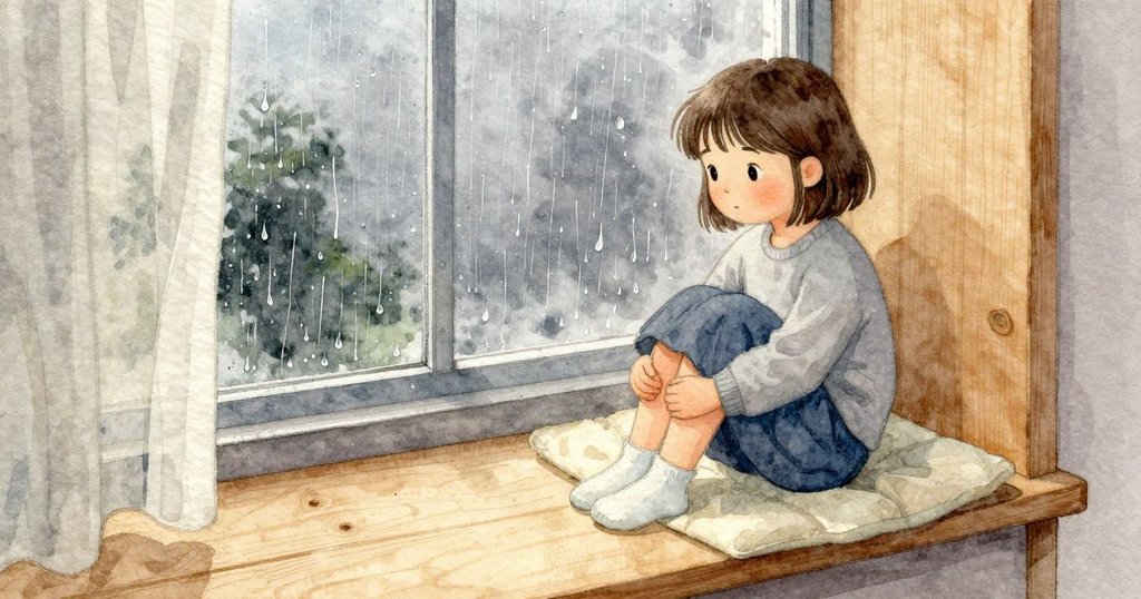 兩滴雨在玻璃外並排滑下，Clara 坐在窗邊座位上，膝蓋靠在柔軟的坐墊；窗台上細細的灰塵在陰雨光裡微亮，窗簾邊輕擦她的臉頰，窗框附近淡淡的橡膠味隱約可聞，雨聲細細敲著玻璃。