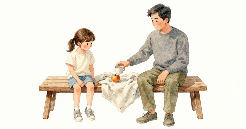 長椅上的小果子被父親抬杯時的袖口輕擦，沿著木板輕輕滾到毯子的摺邊，靠著柔軟的隆起停住，依然乾淨。杯子在他手中已穩定，側光溫柔照著木紋與布面。