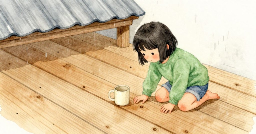 Lily跪在溫熱的木板上,一隻手貼在光滑的木節上,旁邊有一圈淡淡的杯痕;雨聲在鐵皮上細細滑過,濕涼的光讓木紋在陰天裡顯得柔和。