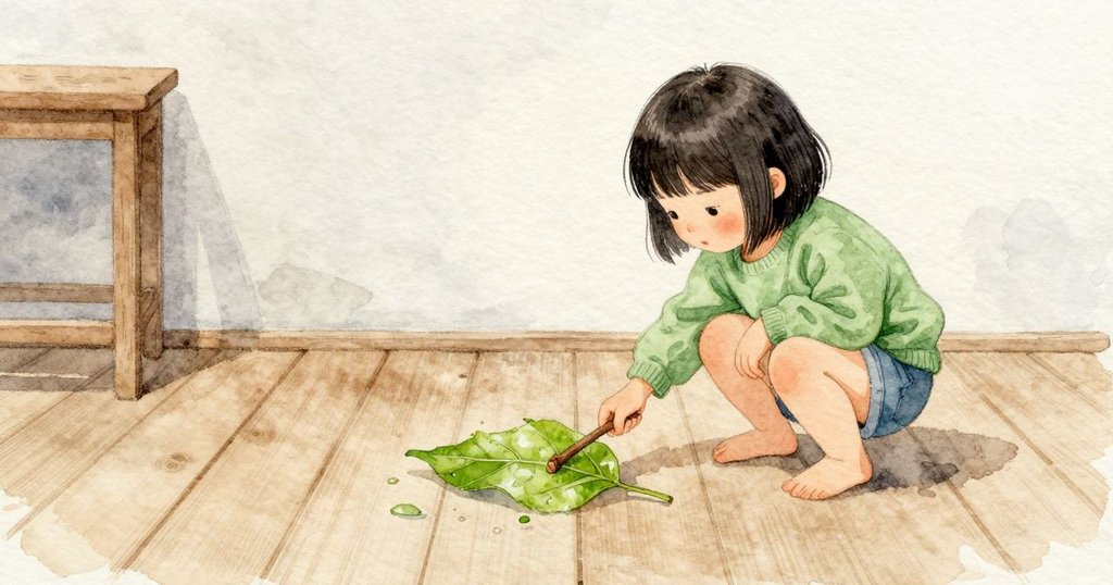 Lily把一片柔軟的綠葉放在木板上,用短短的小枝從中間穿過,輕輕一推;葉片因濕軟而塌下,安靜地停住,雨聲持續在上方流動。