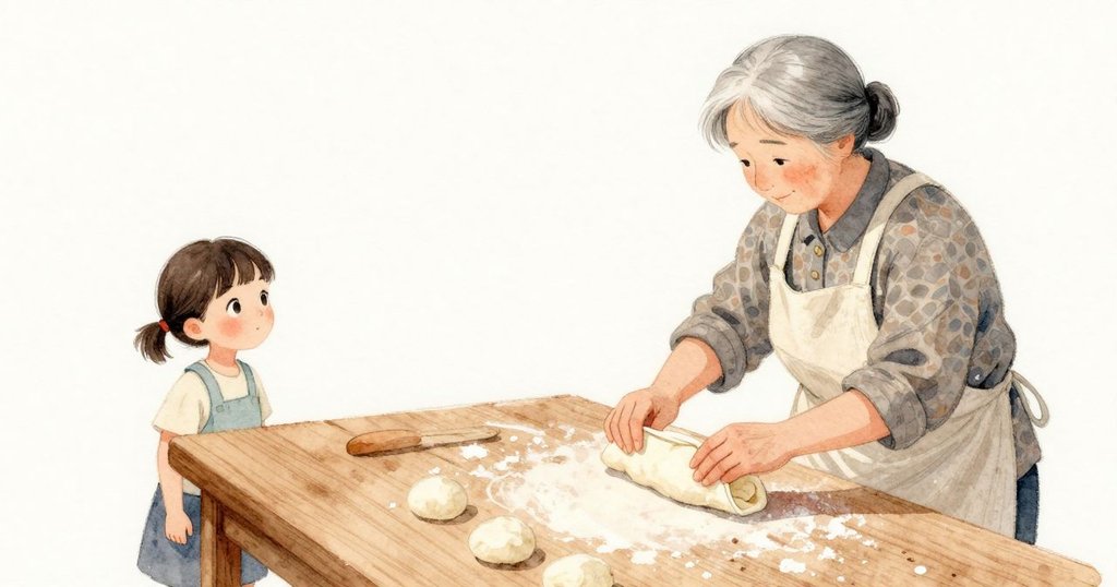 祖母的指尖把薄薄的邊再折一下，動作穩而輕，餃子皮順著手勢定住。Cleo 在一旁安靜看著，桌面上仍有一層淡淡的麵粉，日光平穩地鋪開。