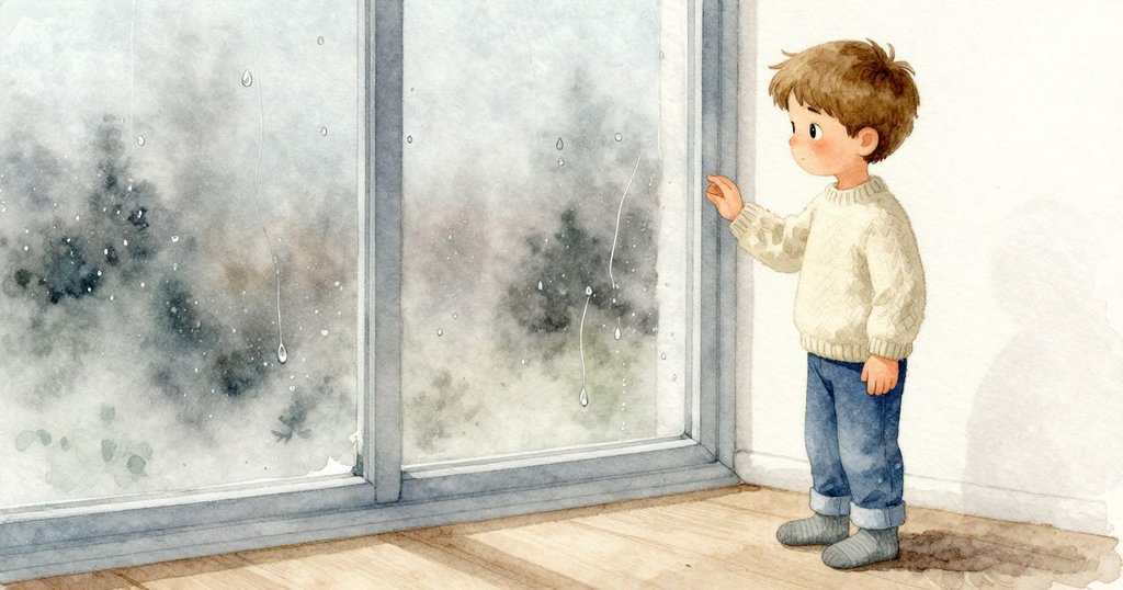Finn盯著窗玻璃上兩滴並行下滑的雨滴，最後合成一道亮亮的水痕；霧氣在玻璃上擴散，原本清晰的一小圈慢慢淡去，窗外景色變得模糊。