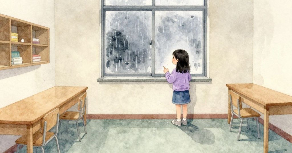 Lilac靜靜站在高窗旁，雨一直敲著。光裡的塵埃慢慢旋轉，灰色的光方塊攤在地毯上，房間安穩不動。