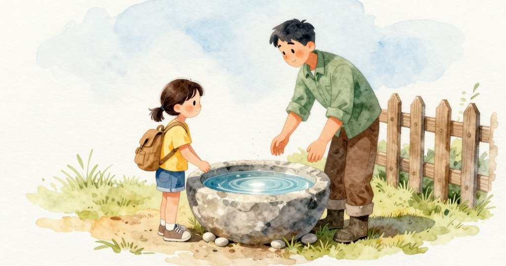 低矮的石頭水盆放在小徑旁,盆緣磨得圓滑,盆裡的水在陽光下閃著亮光。石盆外是乾燥的土與幾顆小石子,木製籬笆沿著一側延伸。整個場景安靜而明亮,像是接近正午的日光。