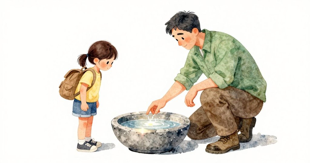 陽光在石頭水盆上反光得刺眼,Dana蹲下側頭,用一隻手遮出陰影。父親在一旁指示圓形痕跡的位置。石盆邊緣貼著膝蓋微涼,細小的坑點映著亮光。
