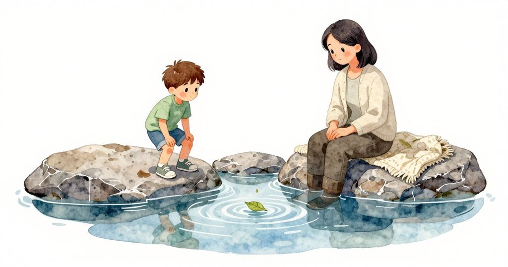 兩塊平石之間托著一汪靜水，葉尖滴下小水珠，輕聲墜落後圓圈般的漣漪向外擴散。微風掠過水面，讓細圈變薄又拉長；石面偏灰冷，側邊因潮濕更深。水中映著淡天空與葉影。