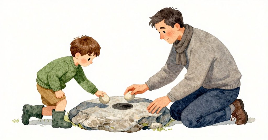 Cedric 跪在平石旁，膝蓋貼著涼涼的石面，細砂點在皮膚上；他把一顆光滑小卵石舉起，底下留著一圈深色的濕痕；父親在旁邊輕聲說話。