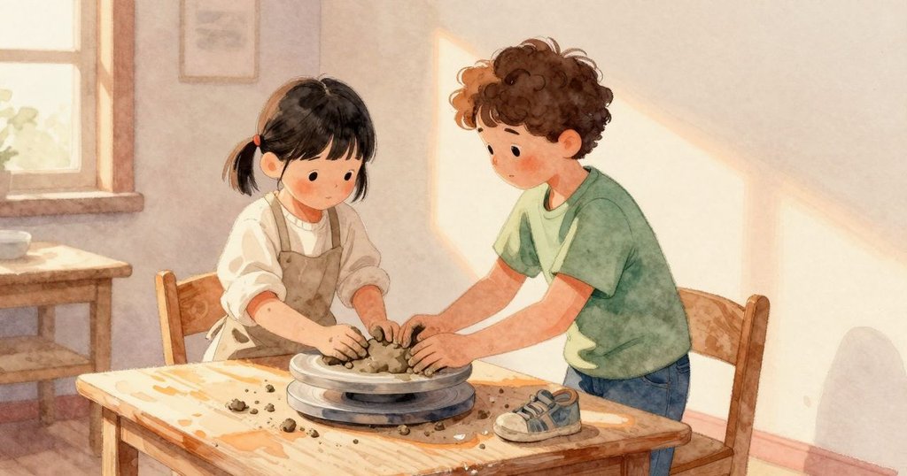 Pia的手掌按著濕陶土,細小砂粒點著承托碗的板子;落日的橘光鋪在桌面上。Dashiel站在旁邊說話,神情安靜。陶土顯得濕潤而沉穩,桌面與工具在暖色光裡柔和。