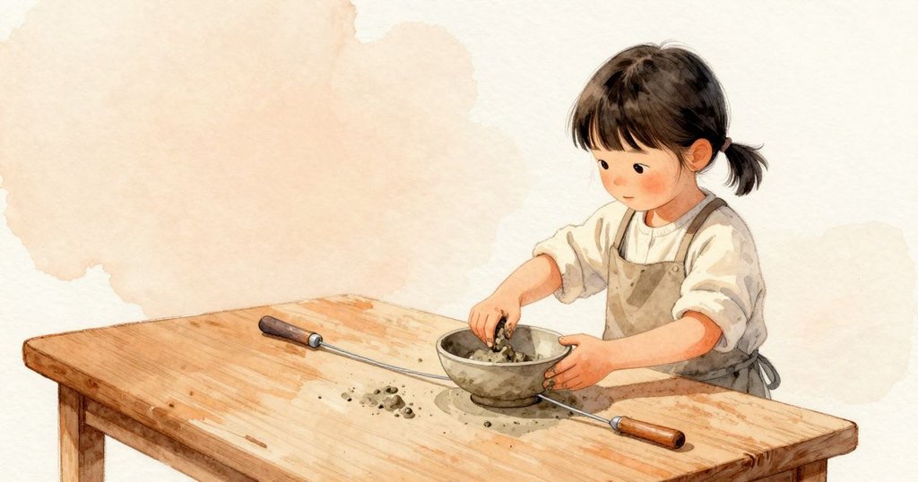 Pia將一條細線從碗底下滑入,雙手拉緊木柄;細線輕輕拉動,板子因砂粒而微微移動。細線走過的濕潤痕跡在柔軟的陶土邊緣清晰可見。