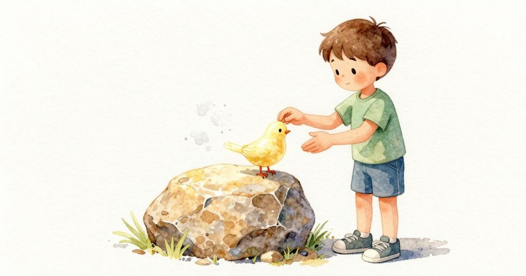 蠟鳥被 Orson 手心與日照的石面一起暖著，肚皮發亮、腳也變軟，身子微微塌下。他用一指扶住、在尾下輕輕一彈，兩指夾著翅膀，細邊在指甲上留淡淡印痕；噴霧像冷小針點在手腕上，水聲柔柔鋪滿廣場。