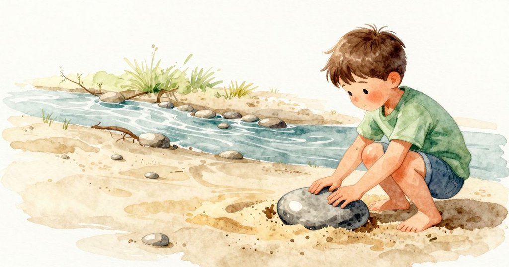 Ronan在沙洲邊輕輕敲一下一塊扁平河石,細小的「喀」聲回來;石頭是灰色橢圓,半埋在溫熱的細沙裡,旁邊的溪水低低流動發出持續的呢喃。陽光鋪在沙面與水紋上,空氣帶著暖意。