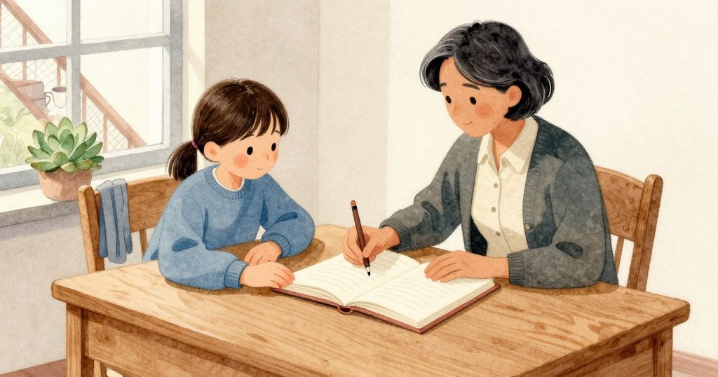 打開的記錄本平攤在溫暖的木桌上，Vita 的指尖按住紙面、鉛筆點下一個乾淨的圓點；她的筆記本放在拋光的桌角，小多肉被她推到靠著金屬網窗的位置。椅背上掛著摺好的圍巾，Yvette 的袖子靠在桌緣；樓上的風杯傳來輕輕的嗡聲又慢到滴答，窗邊淡冷的日光鋪在木紋、紙面與多肉葉面。