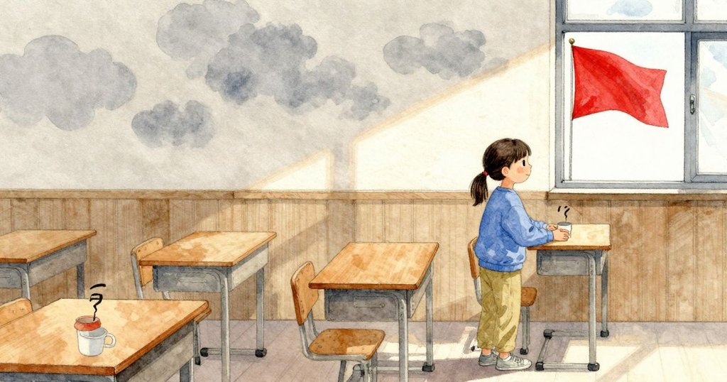 Vita 回到桌邊時雲影移過，先前的指向已對不上頭頂風杯的嗡鳴；屋脊後方起一陣急風，窗裡只見旗子迅速翻動。中心平台那支箭頭更沉、更在陣風間漂移，雖然此刻不在窗景裡，室內木頭與紙面在偏冷的日光下安靜著。