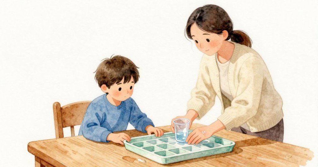 Nolan 俯身靠向托盤，前臂放在木桌上，手腕擦過柔軟的氈布；桌面留著一圈淡淡的濕痕。母親在旁邊把清洗用的杯子握得很穩。托盤的方格空著、帶著些微水光，室內有鹽味的氣息，暖光在木頭與氈布上鋪開。