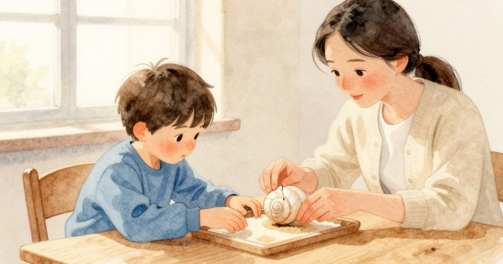 Nolan 在指間提起一枚螺旋殼，殼口邊緣有個小小的勾；母親在旁邊溫和提醒，他把殼放進托盤上對應的螺旋方格。暖光照出殼的細脊與濕潤的光澤。