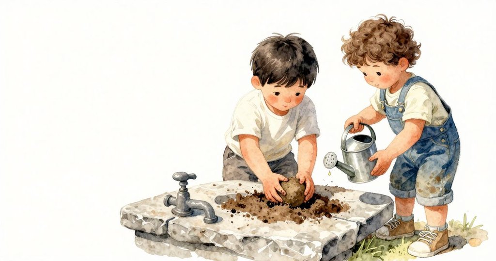 在石面前，Birch 用雙手捏著一小團濕土，掌心帶著砂礫的觸感；Cal 把金屬小桶放在一旁，水龍頭邊的小澆水壺停著，壺嘴掛著一顆水珠。石板清涼粗糙，正午的暖空氣貼在四周。