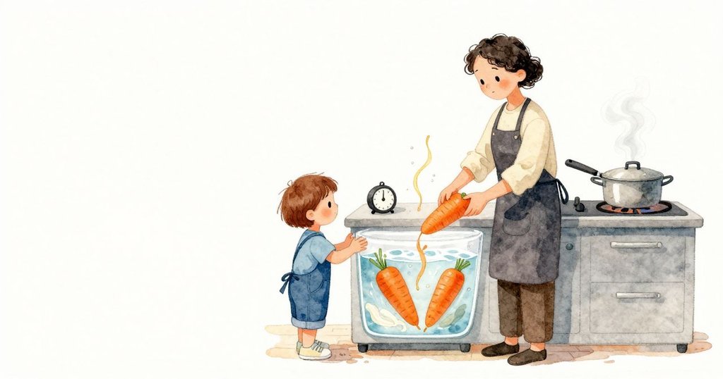 清澈的水裡，橘色胡蘿蔔圓片翻滾一下便停住，淡淡染出溫度；一片細薄的大蒜隨上升又緩緩下沉。檯面上的小計時器自顧自地輕點，鍋中則在新生氣泡脫離時回以細微一聲。光線柔和，水面短暫泛起細環又恢復安穩。