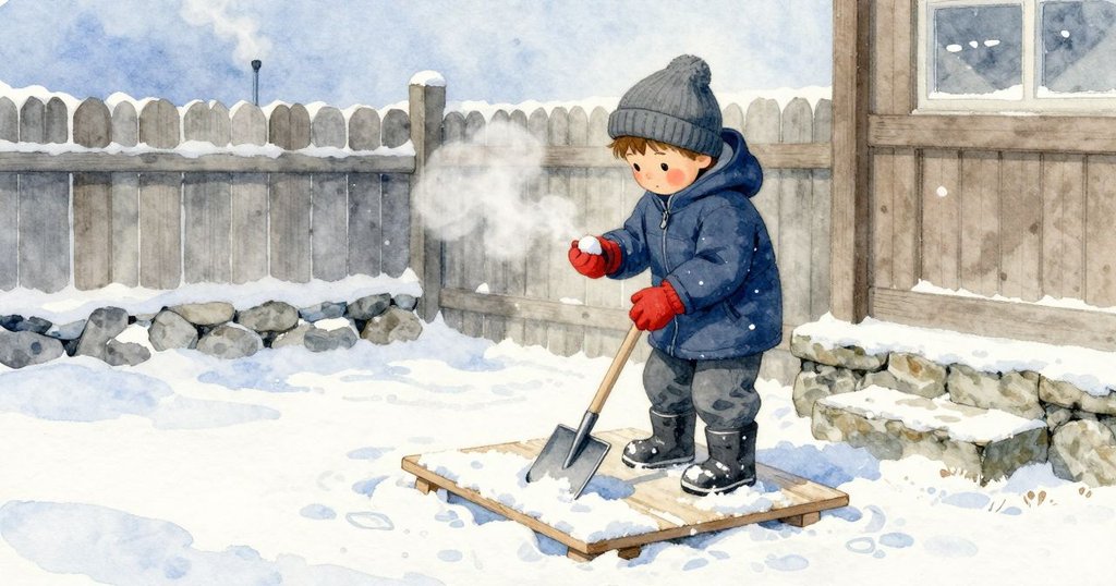 在結冰的院子裡,Max 戴著紅色手套把一顆小雪球捏到發出輕微吱呀聲,手邊是一塊放在硬實積雪上的平板。金屬鏟靠在石階旁,剛才的叮響還留在空氣裡;薄霜鋪在板面上,木質圍籬在冷光中帶灰。