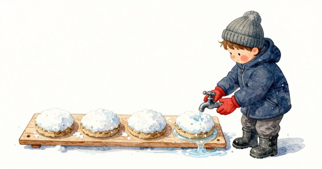 Max 先壓出一顆來自較深鬆雪的球,弧線裡已有四顆但仍留著空隙。他到花園水龍頭濕了兩指,回來輕抹一處接縫,薄薄水膜在白面上發亮,板邊滲著細細融水。