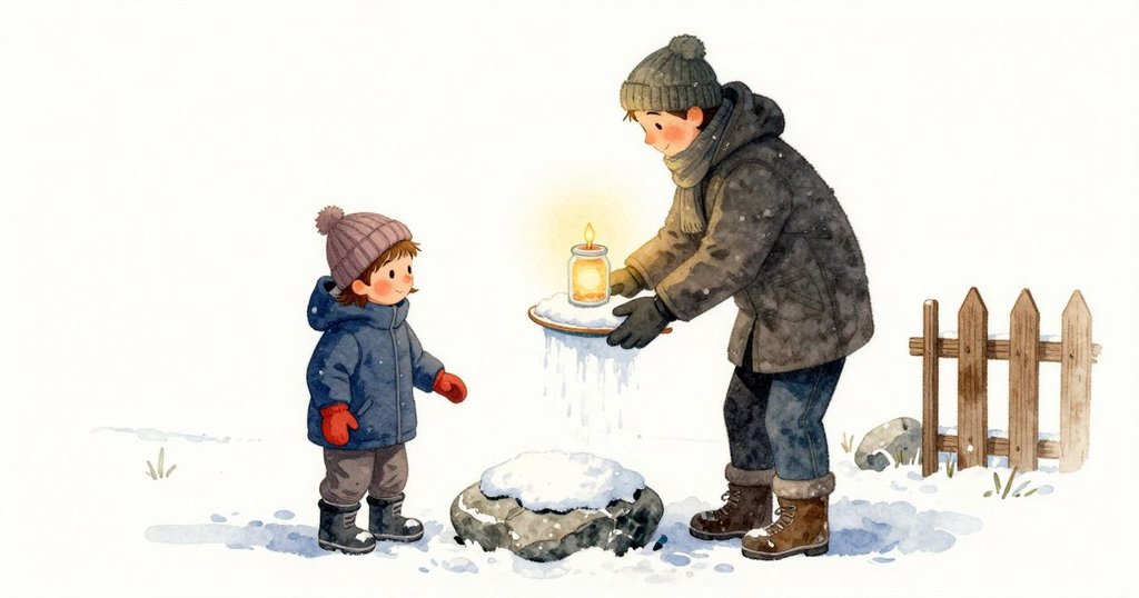 Max 抬著像小圓罩的雪圈往石階走,鬆雪細細篩落;家長在階邊端著一只溫熱的玻璃罐,裡面的光柔柔透出。雪圈上一道細縫隨著融水爬行而逐漸變深,晚寒在圍籬與石面間靜著。