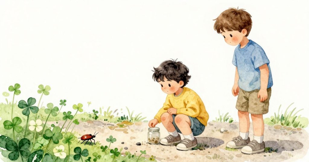 年幼的手足蹲在小徑旁，膝邊放著一只小罐；Ada 帶頭開始遊戲，他們一起邁出兩步，鞋底壓過碎石發出細碎聲；一隻甲蟲抵達三葉草根部，鑽進葉下，日光更明亮，空氣清爽。