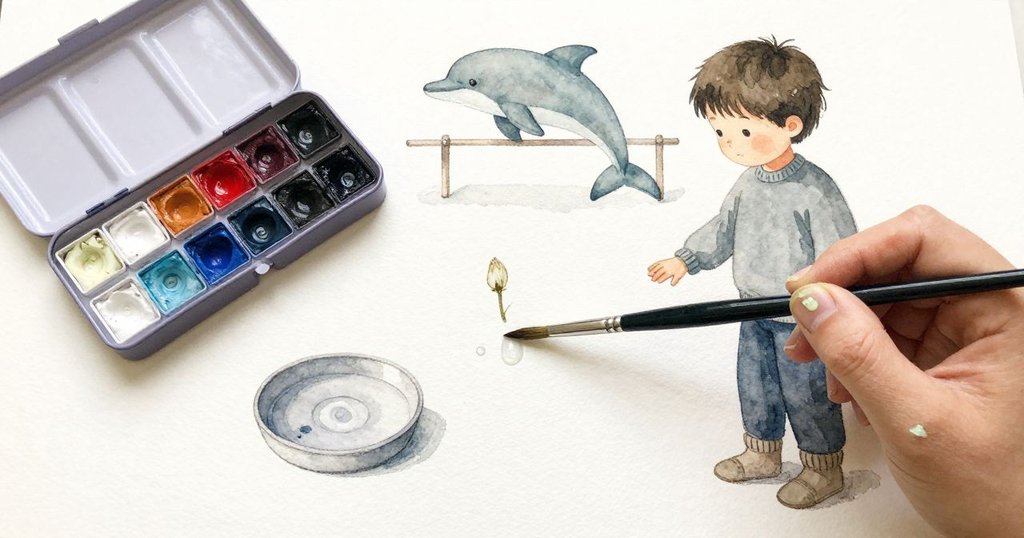 顏料盒邊緣聚起一顆清亮水珠,輕聲落進色盤。Winter 把刷柄末端推向斜靠的盒蓋,蓋緣把一列刷子穩住。旁邊的紙上有一朵小芽正在變乾,架上有一個海豚形狀乾得分明。