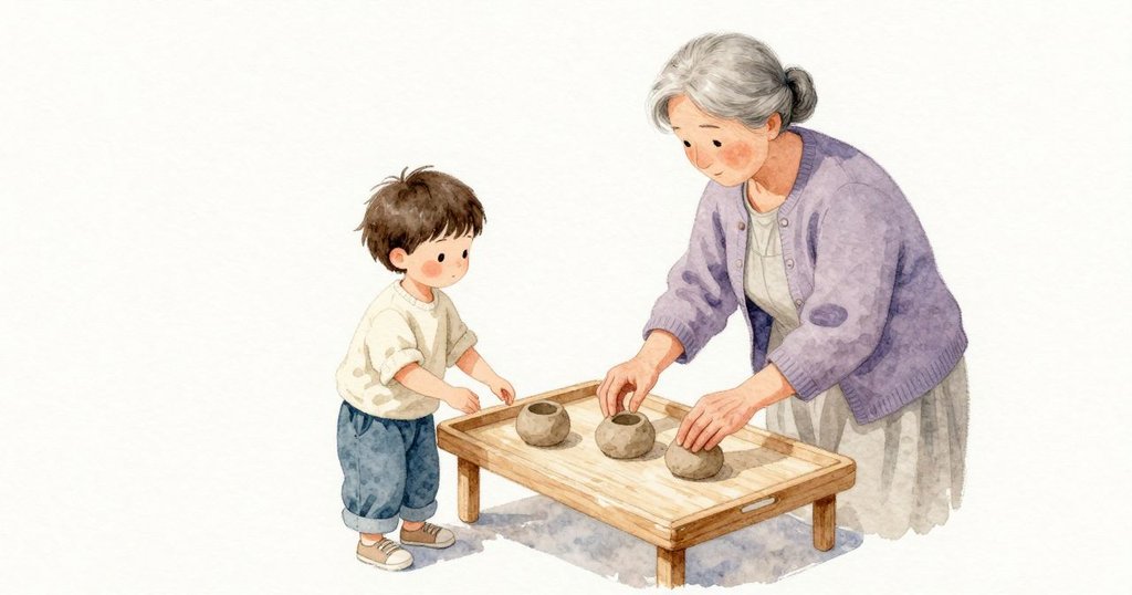 Nina站在托盤旁,祖母把第三件作品輕輕放上去。陰天的柔光下,木紋均勻平穩,三件作品並排安靜地休息。