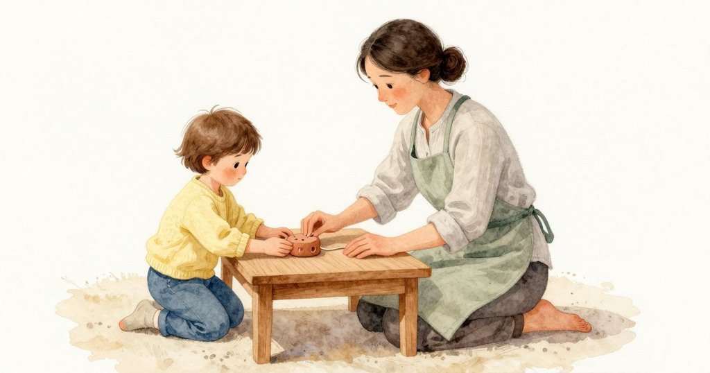小小的黏土細繩躺在柔軟的黏土塊旁，兩者都在一塊平滑的板上。Alma 跪在桌邊，膝蓋壓在地毯上，前臂搭在溫暖的木面上。黏土塊頂端有細小的指紋凹痕，空氣裡有淡淡礦物氣味，柔和日光從一側照來。