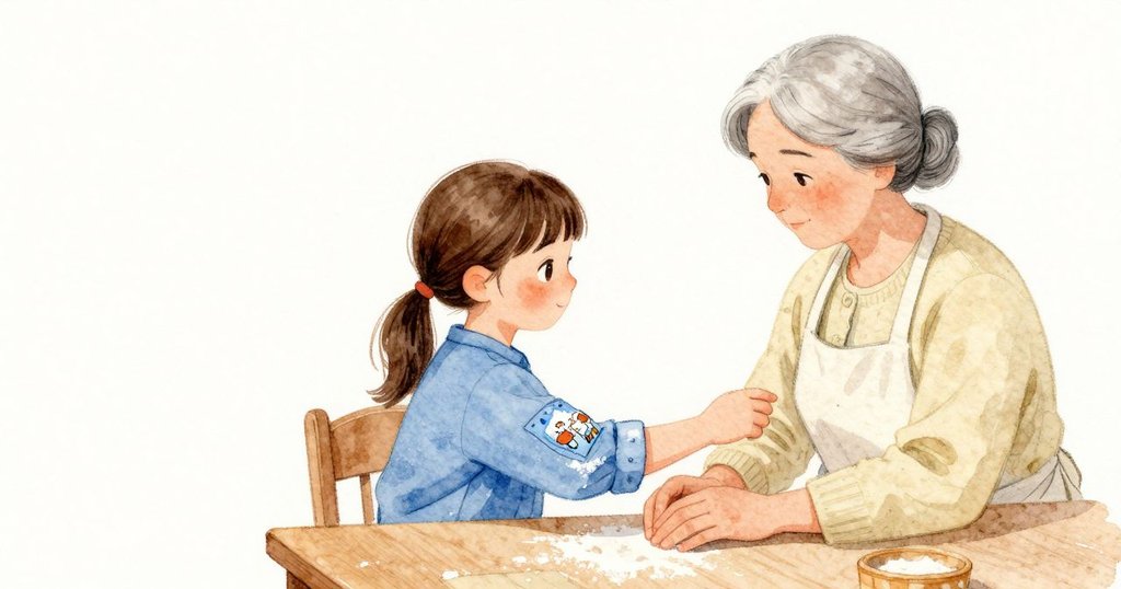 Nadia 的藍色袖子上有一塊小小的教室圖案布貼,幾點麵粉輕輕落在圖案上,在藍布上顯得粉白。她的手臂靠在桌沿,布料在木緣處柔軟地起褶。