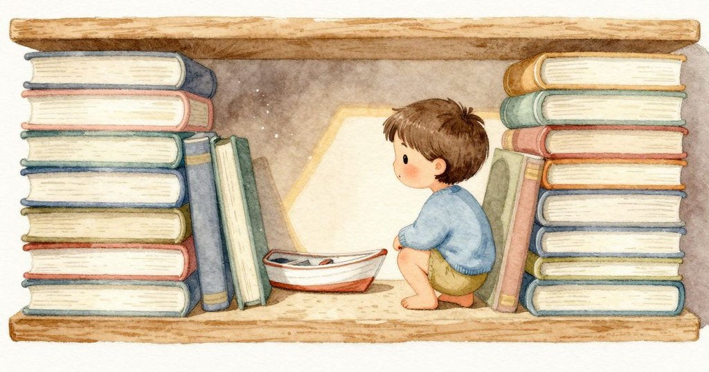 透過書本之間的縫隙，可以看見一艘小小而親切的玩具船，安穩地待在後方的木板上。兩側的書本靜靜不動，細細的光線照在船身邊緣上。