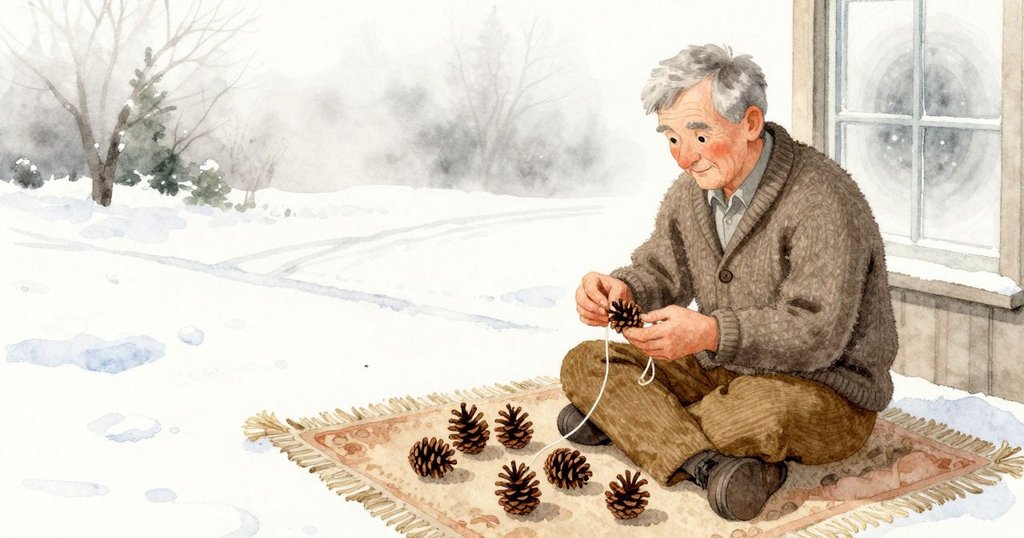 祖父在地毯上把松果穿在細繩上，他的臉微微轉向院子，雪地上有細小的腳印；窗玻璃上擴散出一圈霧氣，讓外頭的白雪變得朦朧。