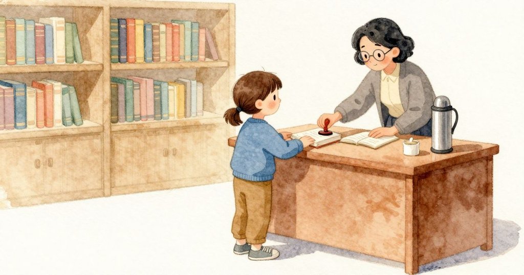 前台桌上擺著一個保溫壺，旁邊有一小包糖。圖書館員把一本書靠在桌邊按下印章，又提起來；後方的書架安靜整齊，暖色的室內光落在木桌、金屬與書本布面上。